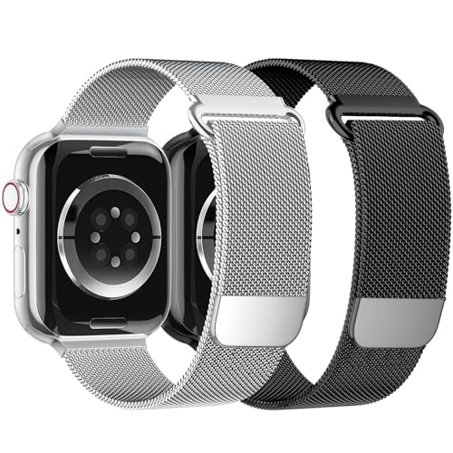 Wowstrap Magnet für Apple Watch Armband 45mm 44mm Ultra 49mm 41mm 40mm iWatch Armbänder 42mm 38mm Herren/Damen,Metall Edelstahl Milanaise Band für Apfelband Series 9 8 7 6 5 4 3 2 Se,Schwarz/Silber von Wowstrap