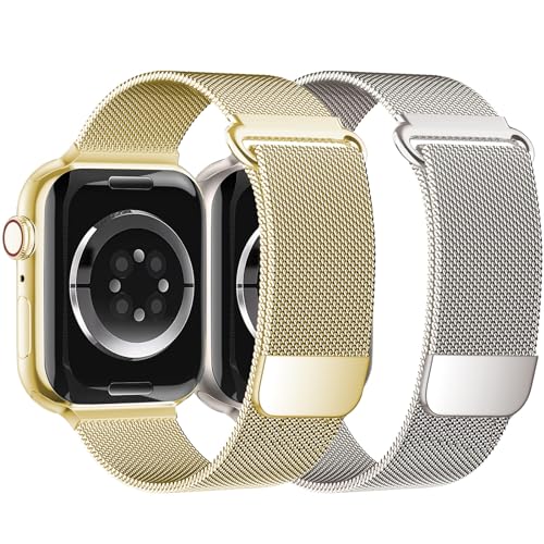 Wowstrap Magnet für Apple Watch Armband 45mm 44mm Ultra 49mm 41mm 40mm iWatch Armbänder 42mm 38mm Herren/Damen,Metall Edelstahl Milanaise Band für Apfelband Series 9 8 7 6 5 4 3 2 Se,Polarstern/Gold von Wowstrap