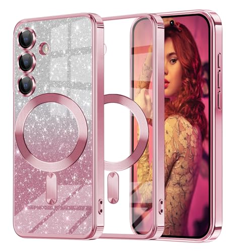 Glitzer Handyhülle für Samsung Galaxy A55 5G hülle [mit Mag-Safe] , Ultra Dünn Glänzend Pailletten Stoßfest A55 Hülle, Luxus Galvanik Frauen/Mädchen TPU Bumper Schutzhülle für A55 5G Hülle (Rosa) von Woxidzyx