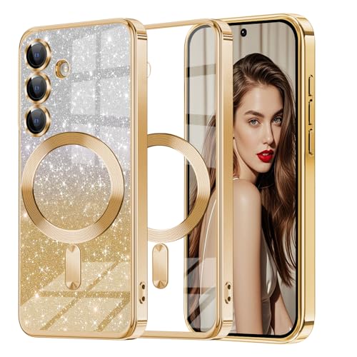 Glitzer Handyhülle für Samsung Galaxy A56 5G hülle [mit Mag-Safe] , Ultra Dünn Glänzend Pailletten Stoßfest A56 Hülle, Luxus Galvanik Frauen/Mädchen TPU Bumper Schutzhülle für A56 5G Hülle (Gold) von Woxidzyx