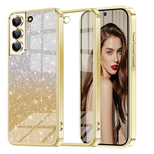 Glitzer Handyhülle für Samsung Galaxy S21 hülle, Ultra Dünn Glänzend Pailletten Stoßfest S21 Handyhülle, Luxus Galvanik Frauen/Mädchen TPU Bumper Schutzhülle für S21 Hülle (Gold) von Woxidzyx