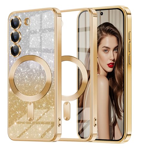 Glitzer Handyhülle für Samsung Galaxy S22 hülle [mit Mag-Safe], Ultra Dünn Glänzend Pailletten Stoßfest S22 Hülle, Luxus Galvanik Frauen/Mädchen TPU Bumper Schutzhülle für S22 Hülle (Gold) von Woxidzyx