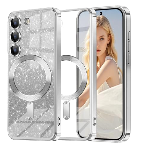 Glitzer Handyhülle für Samsung Galaxy S22 hülle [mit Mag-Safe], Ultra Dünn Glänzend Pailletten Stoßfest S22 Hülle, Luxus Galvanik Frauen/Mädchen TPU Bumper Schutzhülle für S22 Hülle (Silber) von Woxidzyx