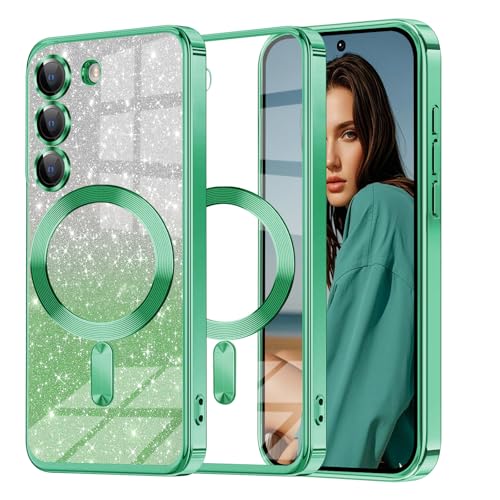 Glitzer Handyhülle für Samsung Galaxy S23 hülle [mit Mag-Safe], Ultra Dünn Glänzend Pailletten Stoßfest S23 Hülle, Luxus Galvanik Frauen/Mädchen TPU Bumper Schutzhülle für S23 Hülle (Grün) von Woxidzyx