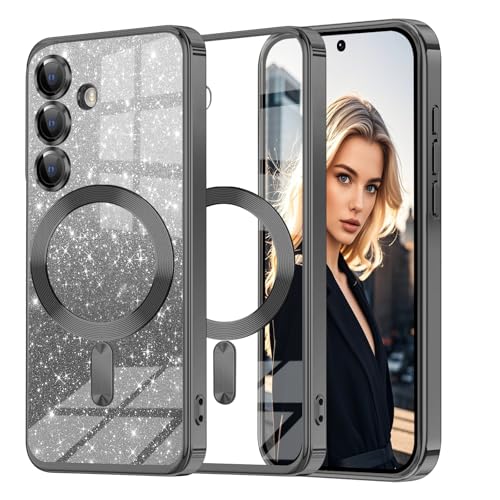 Glitzer Handyhülle für Samsung Galaxy S24 hülle [mit Mag-Safe], Ultra Dünn Glänzend Pailletten Stoßfest S24 Hülle, Luxus Galvanik Frauen/Mädchen TPU Bumper Schutzhülle für S24 Hülle (Schwarz) von Woxidzyx