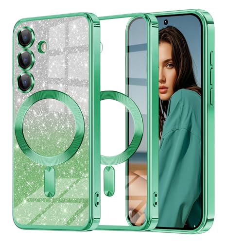 Glitzer Handyhülle für Samsung Galaxy S25 hülle [mit Mag-Safe], Ultra Dünn Glänzend Pailletten Stoßfest S25 Hülle, Luxus Galvanik Frauen/Mädchen TPU Bumper Schutzhülle für S25 Hülle (Grün) von Woxidzyx
