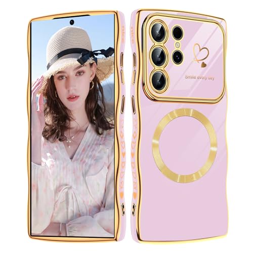 Handyhülle für Samsung Galaxy S22 Ultra Hülle, Kompatibel mit MagSafe, Liebesherz Mädchen Hülle Wellen Lockige Form Luxus Galvanisierte Schutzhülle Girls Case für Galaxy S22 Ultra 6.8" (Lila) von Woxidzyx