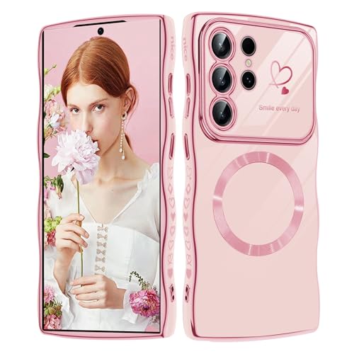 Handyhülle für Samsung Galaxy S22 Ultra Hülle, Kompatibel mit MagSafe, Liebesherz Mädchen Hülle Wellen Lockige Form Luxus Galvanisierte Schutzhülle Girls Case für Galaxy S22 Ultra 6.8" (Rosa) von Woxidzyx