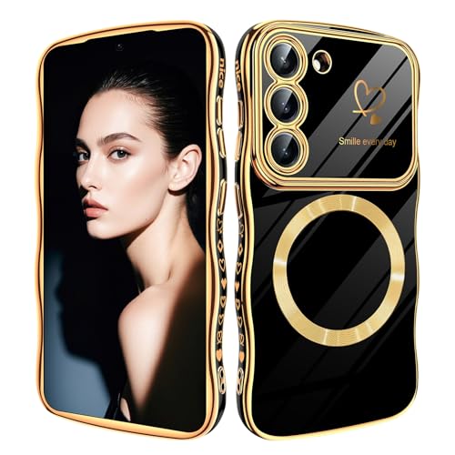 Handyhülle für Samsung Galaxy S23 Hülle, Kompatibel mit MagSafe, Liebesherz Mädchen Handyhülle Wellen Lockige Form Luxus Galvanisierte Schutzhülle Girls Case für Galaxy S23 6.1" (Schwarz) von Woxidzyx
