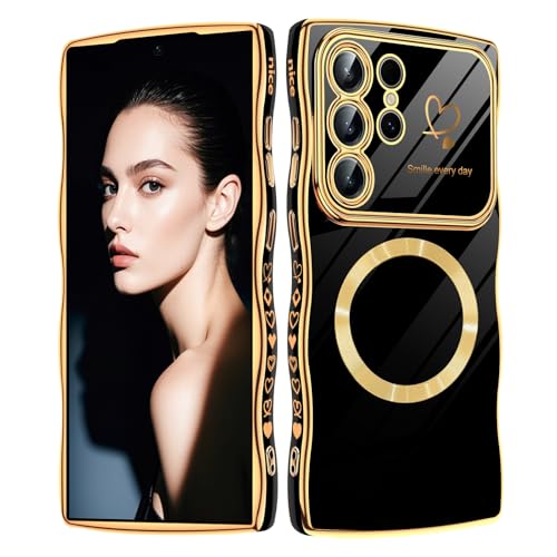 Handyhülle für Samsung Galaxy S24 Ultra Hülle, Kompatibel mit MagSafe, Liebesherz Mädchen Hülle Wellen Lockige Form Luxus Galvanisierte Schutzhülle Girls Case für Galaxy S24 Ultra 6.8" (Schwarz) Handyhülle für Samsung Galaxy S24 Ultra Hülle, Kompatibel mit MagSafe, Liebesherz Mädchen Hülle Wellen Lockige Form Luxus Galvanisierte Schutzhülle Girls Case für Galaxy S24 Ultra 6.8" (Schwarz) von Woxidzyx