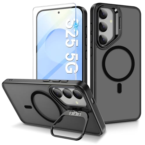 Magnetisch Hülle für Samsung Galaxy S25 Hülle Kompatibel mit MagSafe, Galaxy S25 Hülle mit Magnetisch Ring Ständer,Stoßfeste Handyhülle für Samsung S25 Hülle mit Schutzfolie (Schwarz) von Woxidzyx