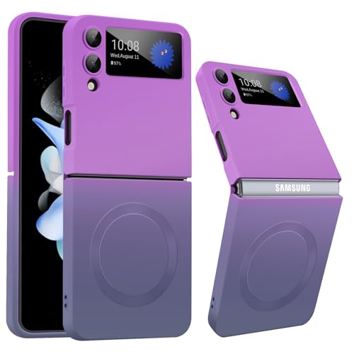 Magnetisch für Samsung Galaxy Z Flip 4 Hülle mit Mag-Safe，Eingebaute Kamera schutzfolie, Samsung Z Flip 4 Hülle Anti-Fingerabdruck, Farbverlauf Weiches Flüssig silikon Z Flip 4 Hülle (Lila+Grau) von Woxidzyx