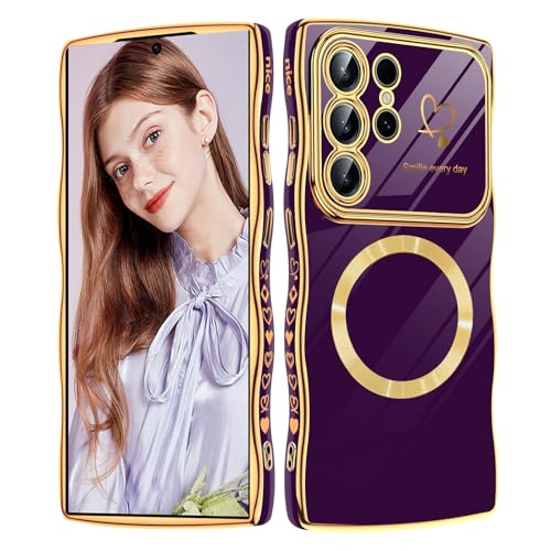 Magnetische Schutzhülle für Samsung Galaxy S24 Ultra, kompatibel mit Mag-Safe, für Frauen und Mädchen, weich, niedlicher Wellenrahmen, lockige Form, Liebesherz, luxuriöse Beschichtung, stoßfest, für Magnetische Schutzhülle für Samsung Galaxy S24 Ultra, kompatibel mit Mag-Safe, für Frauen und Mädchen, weich, niedlicher Wellenrahmen, lockige Form, Liebesherz, luxuriöse Beschichtung, stoßfest, für von Woxidzyx