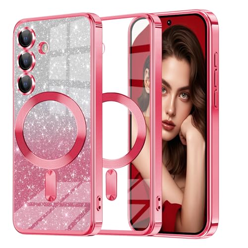 Woxidzyx Glitzer Handyhülle für Samsung Galaxy S24 FE hülle [mit Mag-Safe], Ultra Dünn Glänzend Pailletten Stoßfest S24 FE Hülle, Luxus Galvanik Frauen TPU Schutzhülle für S24 FE Hülle (Rot) von Woxidzyx