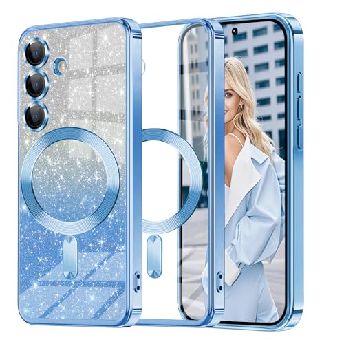 Woxidzyx Glitzer Handyhülle für Samsung Galaxy S24 FE hülle [mit Mag-Safe], Ultra Dünn Glänzend Pailletten Stoßfest S24 FE Hülle, Luxus Galvanik Frauen TPU Schutzhülle für S24 FE Hülle (Blau) von Woxidzyx