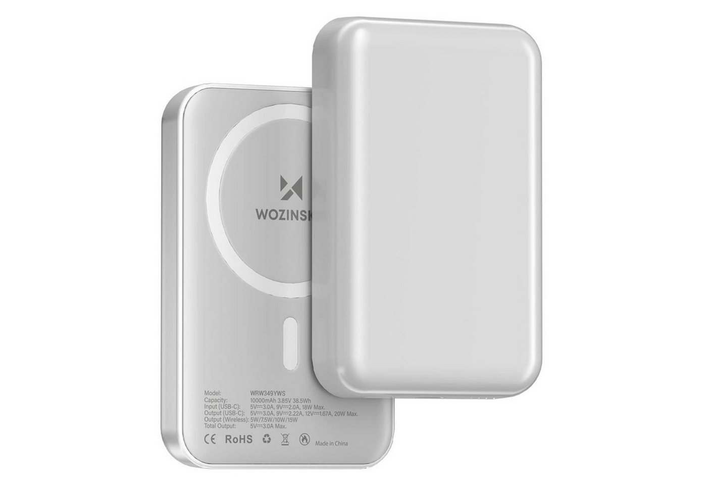 Wozinsky WRW349Y MagSafe kompatible Powerbank WRW349Y 10000 mAh (5 V), Wireless Quick Charge Power Bank USB A und Type C Akku Pack Batterie von Wozinsky