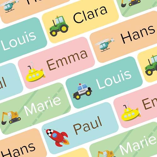 Namensaufkleber für Kinder (120 Stück) - Kleidung, Gegenstände & Schule/Kita - Namensschilder für Kleidung, personalisiert und waschmaschinenfest (Motor) von Wraplab
