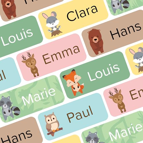 Namensaufkleber für Kinder (120 Stück) - Kleidung, Gegenstände & Schule/Kita - Namensschilder für Kleidung, personalisiert und waschmaschinenfest (Waldtiere) von Wraplab