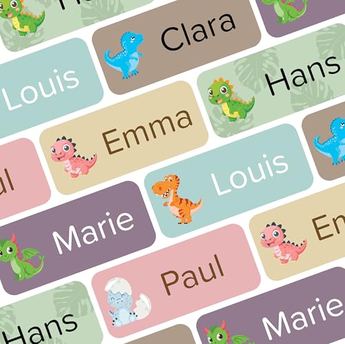 Namensaufkleber für Kinder (120 Stück) - Kleidung, Gegenstände & Schule/Kita - Namensschilder für Kleidung, personalisiert und waschmaschinenfest (Dinosaurier) von Wraplab