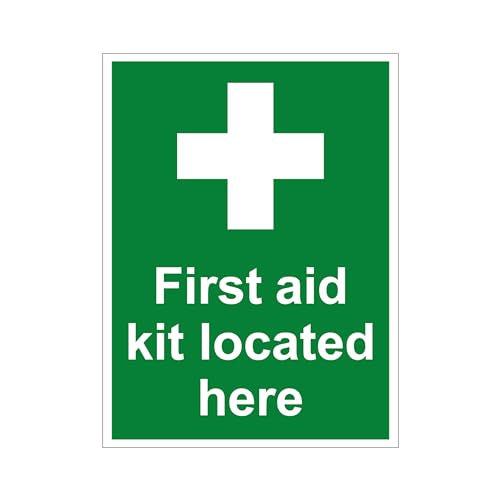 Schild mit Aufschrift "First Aid Kit located here" – Gesundheits- und Sicherheitsschild, Erste-Hilfe-Kasten – selbstklebender Aufkleber im Hochformat – Arbeitsplatz entfernbares Vinyl (A5, 200 mm x von Wrench Monkey