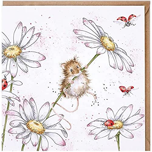 Wrendale Doppelkarte mit Umschlag, Motiv Maus klettert auf einer Blume, Quadratisch, 15x15 cm von Wrendale