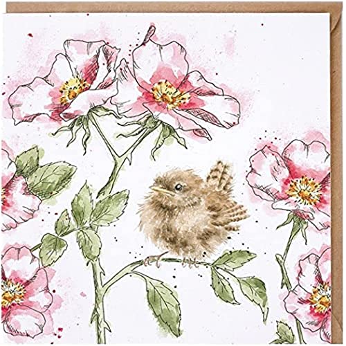 Wrendale Doppelkarte mit Umschlag, Motiv kleiner Vogel sitzt auf einer rosa Blume, Quadratisch, 15x15 cm von Wrendale