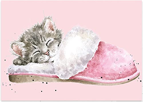 Wrendale - PC006 - Postkarte, schlafende Katze im Schuh, 10,5cm X 15cm, pink von Wrendale