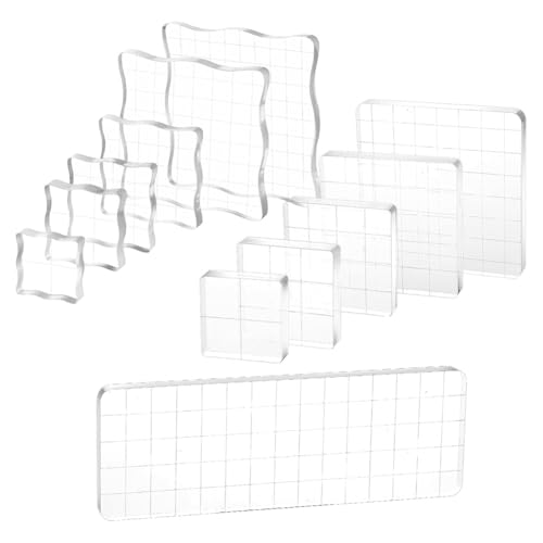 Wrtysully 12-Teiliger Acryl-Stempelblock, Transparente Stempelblöcke, Werkzeugset, Verschiedene Größen, Stempelblöcke mit Gitterlinien zum Basteln von Wrtysully