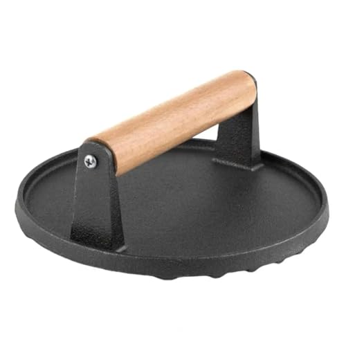 Wrtysully Fleischpresse zum Grillen Runde Speckpresse Aus Gusseisen Burgerpresse mit Holzgriff von Wrtysully