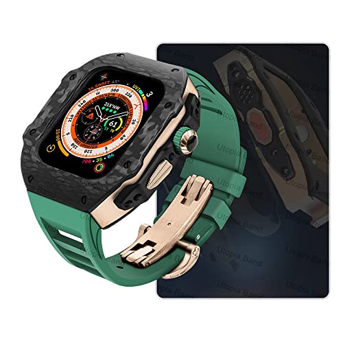 Wtukmo Uhrengehäuse aus Karbonfaser, für Apple Watch Ultra 8, 2, 49 mm, Luxus-Modifikationsset, für iWatch 9, 8, 7, 6, 5, 4, SE, 45 mm, 44 mm, Fluorkautschuk-Armband mit Werkzeug (Stil 09,44 mm) von Wtukmo