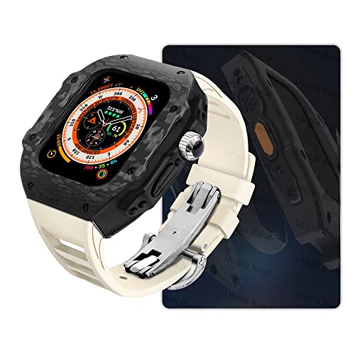 Wtukmo Uhrengehäuse aus Karbonfaser, für Apple Watch Ultra 8, 2, 49 mm, Luxus-Modifikationsset, für iWatch 9, 8, 7, 6, 5, 4, SE, 45 mm, 44 mm, Fluorkautschuk-Armband mit Werkzeug (Stil 28,45 mm) von Wtukmo