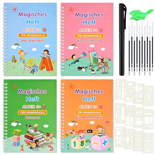 4 Stück Deutsche Magisches Heft mit Zauberstift, Schreibhilfen und Zeichenschablone, Wiederverwendbar Handschrift Kalligraphie Heft für Kinder ab 3+Jahren Schreibens von Zahlen Briefe Mathe & Zeichnen von WuGU