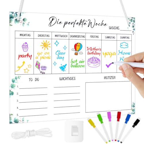 Wochenplaner Abwischbar, Aufhängen Acryl Kalender Mit 1Haken+6Marker(mit Magnet), Transparent Wochenplaner Für Kühlschrank Menüplanung und Essensplaner Familienplaner, Memoboard, To Do Liste(31*20CM) von WuGU