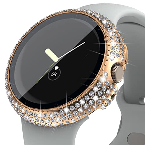 Wugongyan Hülle Kompatibel mit Google Pixel Watch Displayschutzfolie Hülle Hard PC Full Bling Strass All-Around Schutzhülle Eingebautes Panzerglas Folie Zubehör (Roségold) von Wugongyan