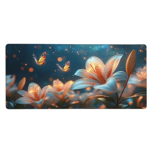 Blumen Gaming Mauspad XXL 900x400x3 mm, Schmetterling Mauspad Groß Vernähte Kanten, Mousepad mit Anti Rutsch Basis Resistent Weiche Oberfläche, Schreibtisch Unterlage für PC, Laptop Dekorieren-L673 von Wuleogxi