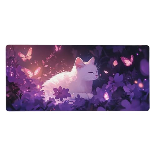 Lila Gaming Mauspad XXL 600x400x3 mm, Katze Mauspad Groß Vernähte Kanten, Mousepad mit Anti Rutsch Basis Resistent Weiche Oberfläche, Schreibtisch Unterlage für Tastatur, PC, Laptop Dekorieren-L1431 von Wuleogxi