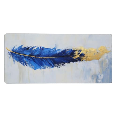 Mauspad Groß Feder, Blau Mousepad XXL 900x400x3 mm, Gaming Mauspad mit rutschfeste Gummibasis und Wasser Resistent Oberfläche, Schreibtischunterlage Vernähte Kanten für Büro und Home Dekorieren-LG191 von Wuleogxi