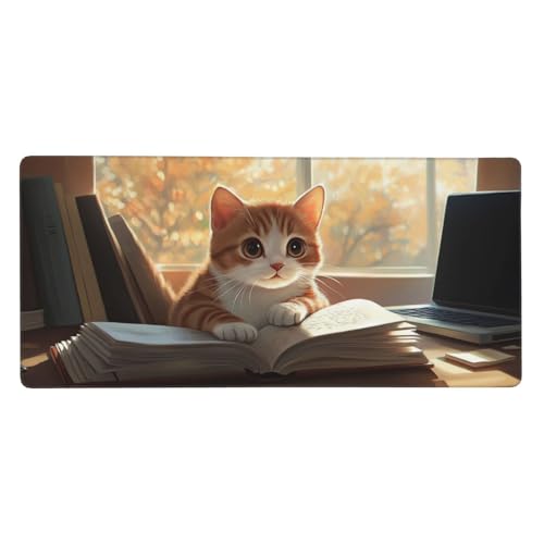 Mauspad Groß Katze, Herbst Mousepad XXL 900x400x3 mm, Gaming Mauspad mit rutschfeste Gummibasis und Wasser Resistent Oberfläche, Schreibtischunterlage Vernähte Kanten für Büro und Home Dekor-LG753 von Wuleogxi