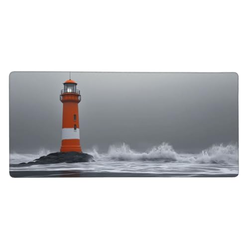 Mauspad Groß Leuchtturm, Grau Mousepad XXL 900x400x3 mm, Gaming Mauspad mit rutschfeste Gummibasis und Wasser Resistent Oberfläche, Schreibtischunterlage Vernähte Kanten für Büro und Home Dekor-LG824 von Wuleogxi