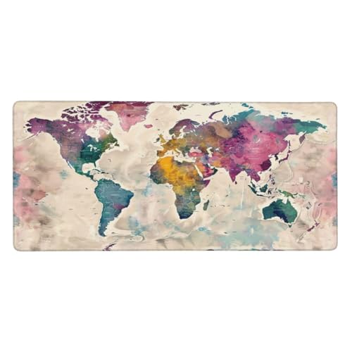 Mauspad Groß Weltkarte, Farbe Mousepad XXL 900x400x3 mm, Gaming Mauspad mit rutschfeste Gummibasis und Wasser Resistent Oberfläche, Schreibtischunterlage Vernähte Kanten für Büro und Home Dekor-LG501 von Wuleogxi