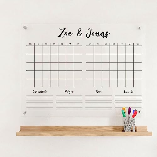 Wunsch Kalender - personalisierter Wandkalender - 2 Monatsplaner - wiederverwendbarer Kalender aus Acrylglas - Familienplaner abwischbar für die ganze Familie von Wunsch Kalender