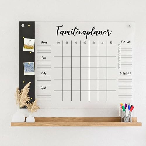 Wunsch Kalender - personalisierter Wandkalender - 4-Namen Familienplaner mit Magnetboard - wiederverwendbarer Kalender aus Acrylglas - Familienplaner abwischbar - Hingucker für jeden Raum von Wunsch Kalender