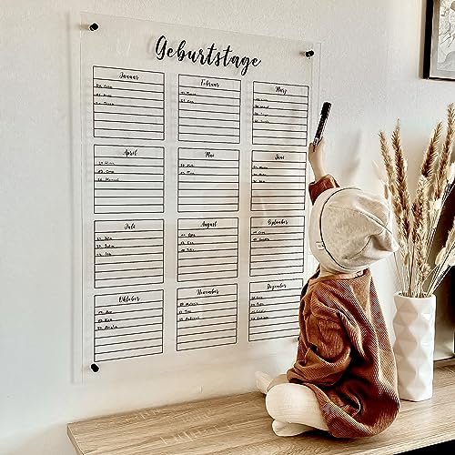 Wunsch Kalender - personalisierter Wandkalender - Geburtstagskalender - wiederverwendbarer Kalender aus Acrylglas - Familienplaner abwischbar - Hingucker für jeden Raum von Wunsch Kalender