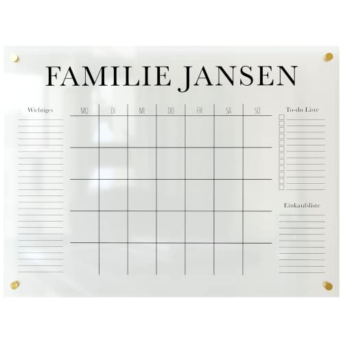 Wunsch Kalender - personalisierter Wandkalender - Monatsplaner - wiederverwendbarer Kalender aus Acrylglas - Familienplaner abwischbar für die ganze Familie von Wunsch Kalender
