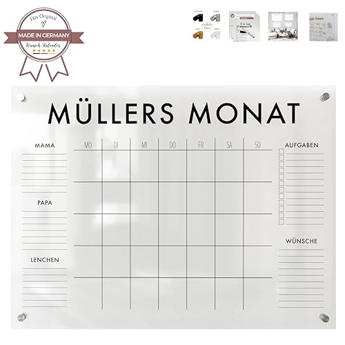 Wunsch Kalender - personalisierter Wandkalender - wählbar 3 bis 5 Namen - wiederverwendbarer Kalender aus Acrylglas - Familienplaner abwischbar als Hingucker für jeden Raum von Wunsch Kalender