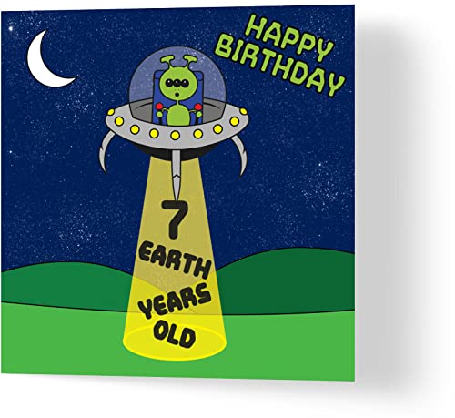 Wuzci Geburtstagskarte "Alien UFO 7 Earth Years Old Happy Birthday", 150 mm Länge x 150 mm Breite von Wuzci