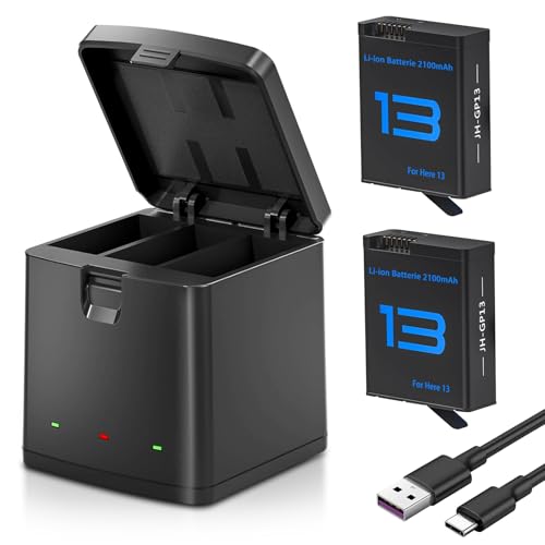 Wvoillty Hero 13 Akku 2 Stück und Ladegerät, Kit für GoPro Hero 13 Black 2100 mAh Hero 13 Akku, 3-Slots Box LED USB-Ladegerät mit Typ-C Anschluss(1 Ladegerät + 2 Akkus) von Wvoillty