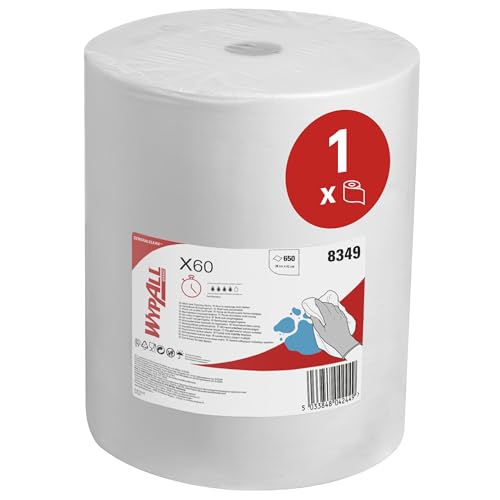 WypAll X60 General Clean Multi-Task Reinigungstücher 8349 – wiederverwendbare saugfähige Tücher – 1 Großrolle x 650 weiße industrielle Reinigungstücher von Wypall