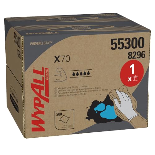 WypAll X70 Power Clean Reinigungstücher 8296 – wiederverwendbare Tücher – 1 BRAG-Box x 200 weiße saugfähige Tücher von Wypall