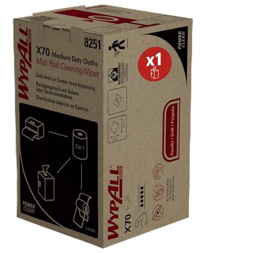 WypAll X70 Power Clean Reinigungstücher für mittelschwere Reinigungsaufgaben 8251 – 2-in-1 Midi-Rollenreinigungssystem – 1 blaue Rolle x 215 blaue Reinigungstücher von KLEENEX